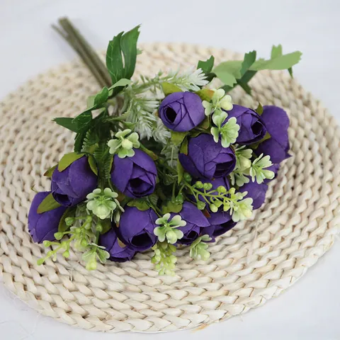 Artificial Mini Tea Rose Bouquet Satin Fabric Multi-head Fake Rose Buds For Home Wedding Decoration Photography Prop Handmade Faux Floral Arrangement