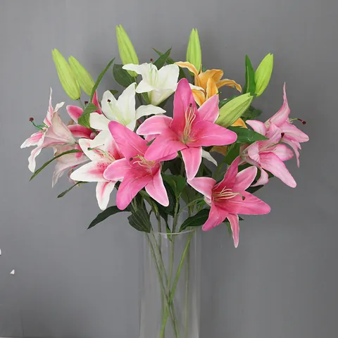 Realistic PU Artificial Lily Flower Branch 3D Printed Real Touch Faux Floral For Wedding Home Office Desktop Decoration