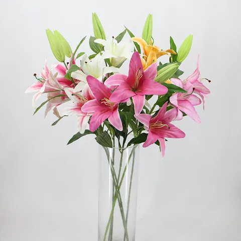Realistic PU Artificial Lily Flower Branch 3D Printed Real Touch Faux Floral For Wedding Home Office Desktop Decoration