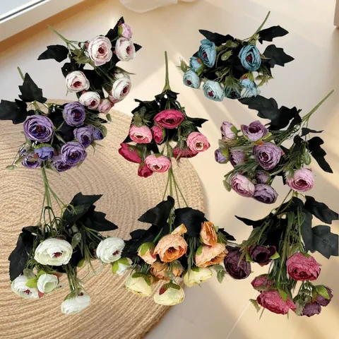 Artificial Silk Rose Camellia Flower Bouquet Multi Head Small Buds For Home Wedding Decor Photography Props Realistic Fake Flowers