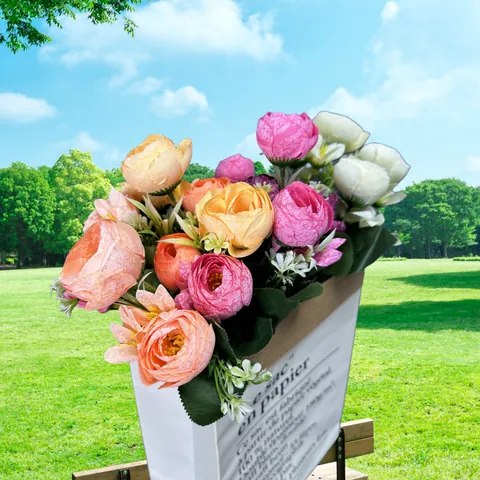 Ramo de Flores de Camelia y Rosa Artificial Tela Plástico Planta de Simulación Para Decoración del Hogar Boda Fiesta