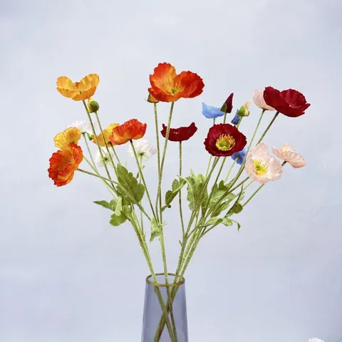 Flor De Amapola Artificial 4 Cabezas Tela De Satén Amapola Tallo Largo Flocado Flor De Simulación Para Decoración De Jarrón De Boda
