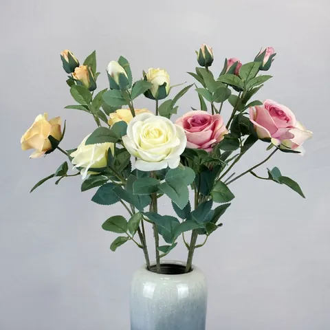 Realistic Multiple Head Artificial Rose Satin Flower Stem For Wedding Home Hotel Decoration Vivid Fake Floral Arrangement