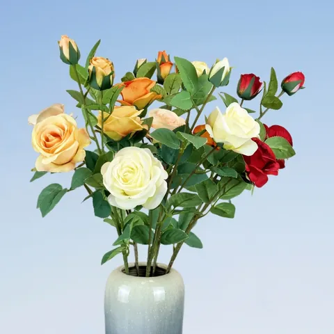 Realistic Multiple Head Artificial Rose Satin Flower Stem For Wedding Home Hotel Decoration Vivid Fake Floral Arrangement