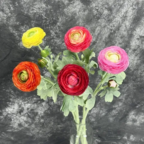 Artificial Ranunculus Flower Stem 2 Heads Realistic Flocked Silk Buttercup With Bud For Home Wedding Decor Photography Props