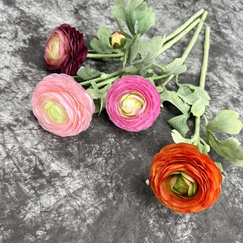 Artificial Ranunculus Flower Stem 2 Heads Realistic Flocked Silk Buttercup With Bud For Home Wedding Decor Photography Props