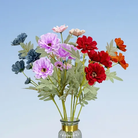 Multi Head Artificial Zinnia Flower Satin Fabric Zinnia Elegans Bouquet Single Stem For Wedding Home Party Decoration
