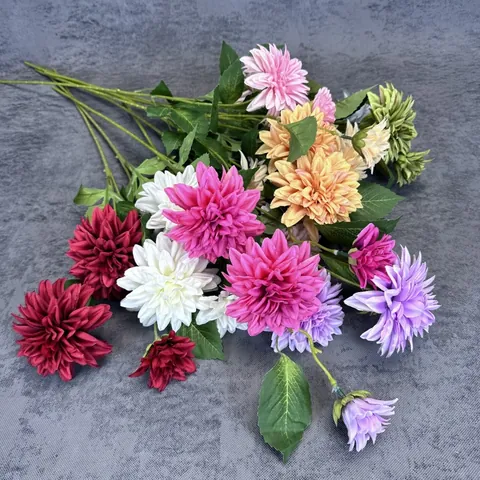 3 Heads Artificial Dahlia Flowers Simulation Silk Fabric Dahlia Long Stem Faux Flowers For Home Wedding Decoration Photography Props