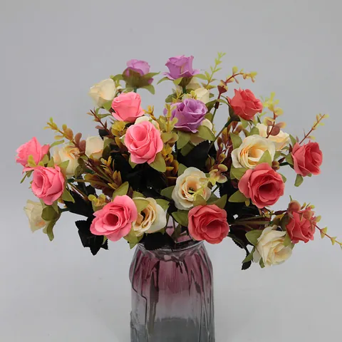 Artificial Rose Bouquet Satin Fabric Faux Flowers For Home Wedding Decoration Table Centerpiece Multi Head Floral Decor