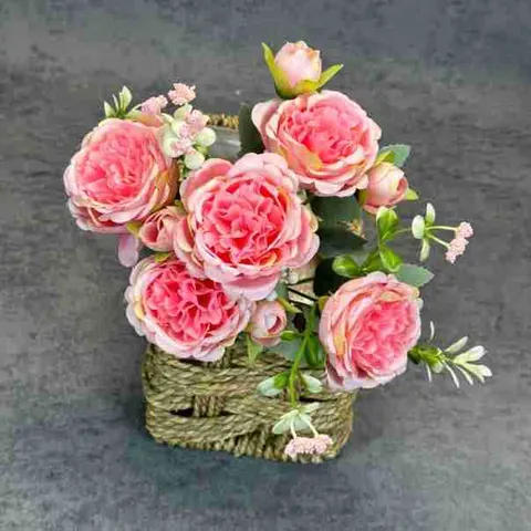 Bouquet de Pivoines et Roses Artificielles 5 Têtes en Tissu Aspect Soie Fleurs Artificielles pour Mariage Maison Fête Rose Persane