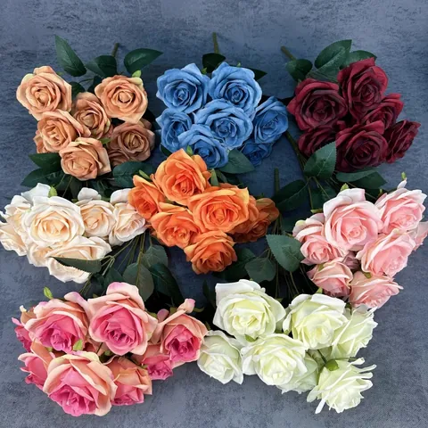 9-Head Artificial Rose Bouquet Satin Fake Silk Flowers For Home Wedding Decoration Party Office Desktop Ornament Gift