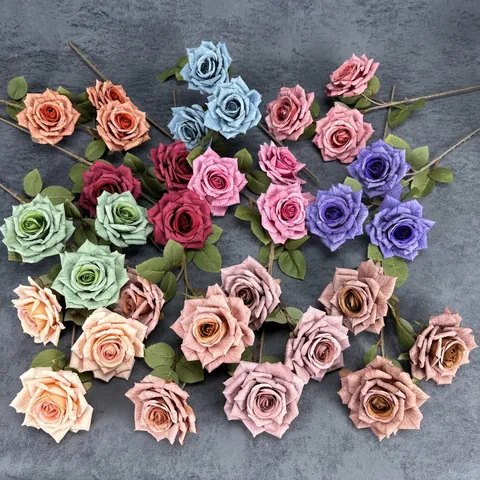 3 Heads Artificial Rose Vintage Realistic Satin Fabric Fake Flower Stem For Wedding Party Home Office Decor Table Arrangement