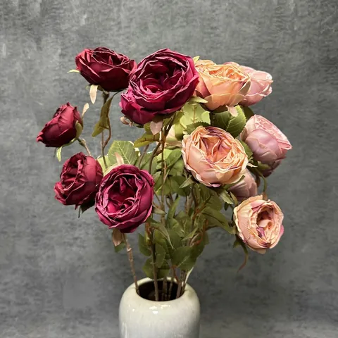 Rama de Rosa Austin Artificial Retro 3 Cabezas Borde Quemado Flores de Tela Aspecto Satén para Decoración del Hogar Boda Fiesta