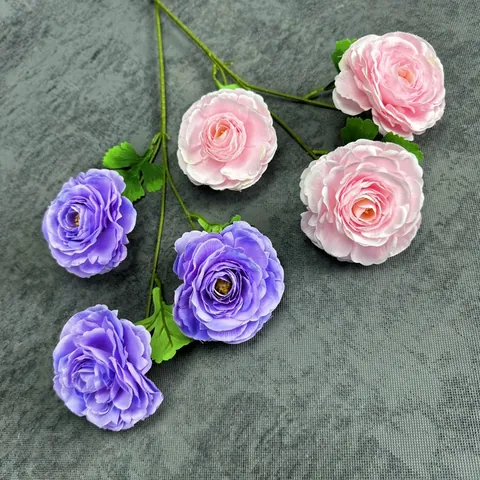 Realistic Artificial Ranunculus Flower Stem 3 Head Silk Fabric 65cm Fake Buttercup Long Branch For Home Wedding Party Decor