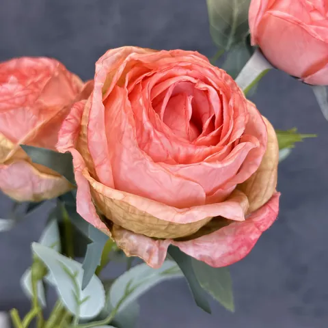 Vintage Oil Painting Style Burnt Edge Artificial Rose Flower Multi Head Branch Satin-Look Fabric For Home Wedding Party Decor Fake Flower