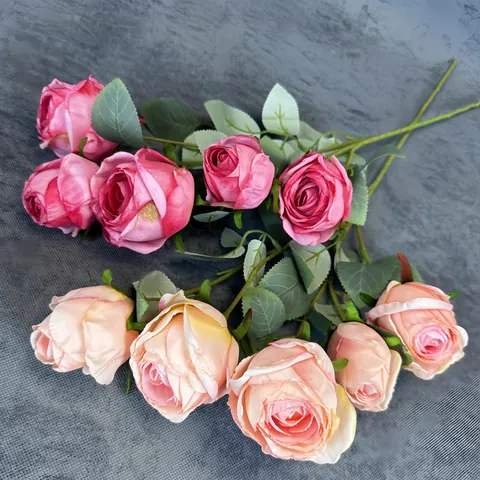 Vintage Realistic Silk Cloth Rose Branch Burned Edge Artificial Flowers For Wedding Home Party Arrangement Floral Decor