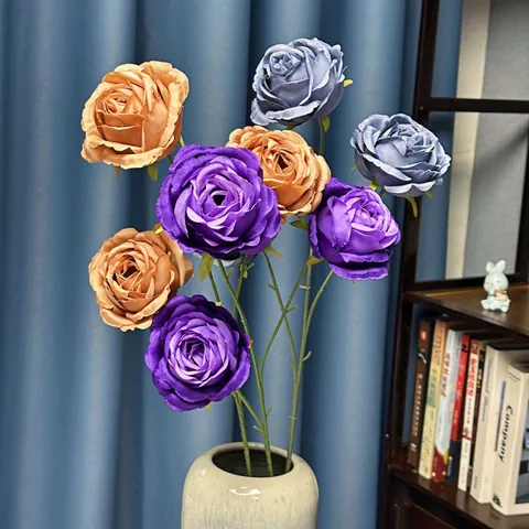 Kunstmatige Zijde Roos 3-Kops Lange Steel Kunstbloemen Bruidsboeket Huisdecoratie Feest Bloemstuk Realistische Nep Rozen
