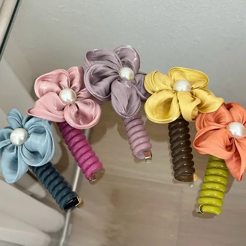 Satin Flower Faux Pearl Hair Ties Telephone Cord Spiral Hair Bands High Elastic Ponytail Holder Fashion Hair Accessories Women