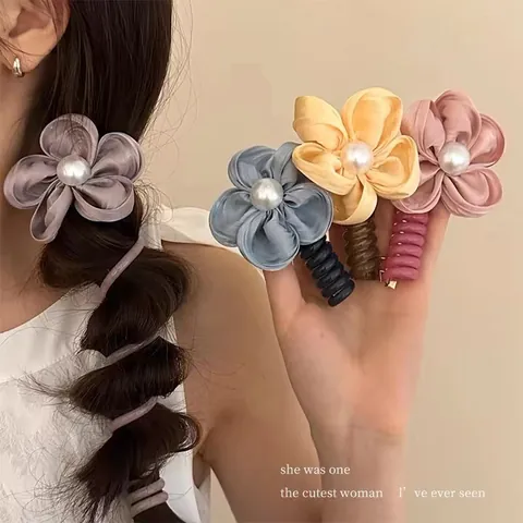 Satin Flower Faux Pearl Hair Ties Telephone Cord Spiral Hair Bands High Elastic Ponytail Holder Fashion Hair Accessories Women
