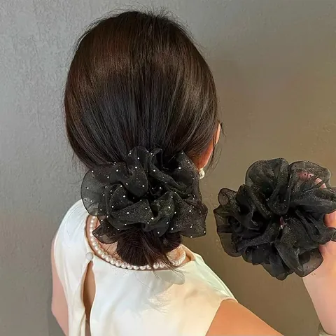 Oversize Organza Strass Scrunchie Eleganter Schwarzer Netz Elastischer Haargummi Für Damen Mädchen Koreanische Haar Accessoires