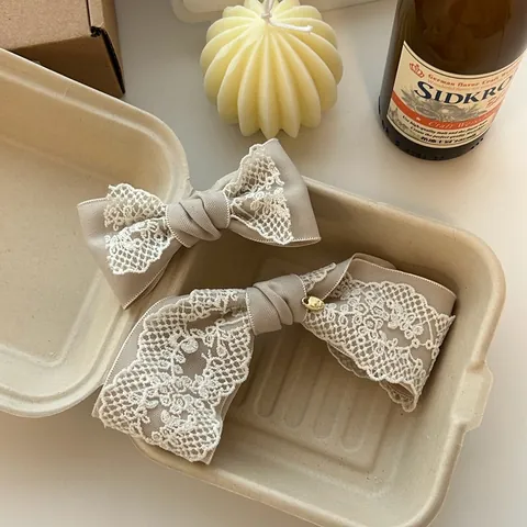 Franse Vintage Kant Strik Haarclip Elegant Khaki Beige Lint Eendenbek Zijclip Zoete Mori Stijl Haar Sieraden Voor Vrouwen
