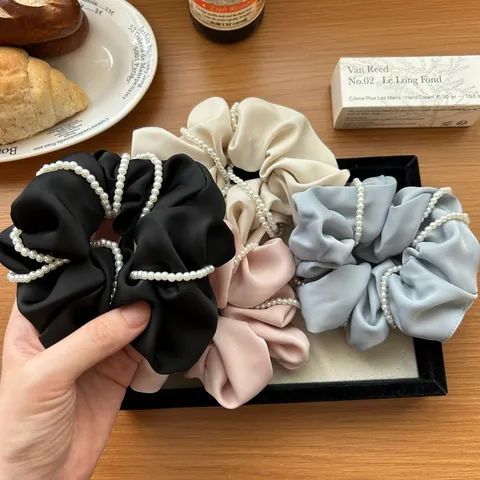 Coletero de Satén Elegante para Mujer Con Perlas Artificiales de Imitación Banda Elástica de Color Sólido para Citas Diarias