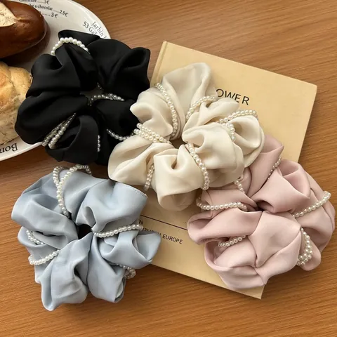 Coletero de Satén Elegante para Mujer Con Perlas Artificiales de Imitación Banda Elástica de Color Sólido para Citas Diarias