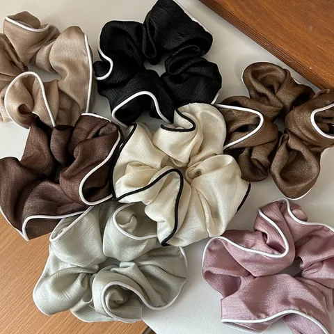 French Retro Contrast Piping Satin Hair Scrunchies Elegant Oversized Fabric Hair Ties For Women Daily Hair Accessories