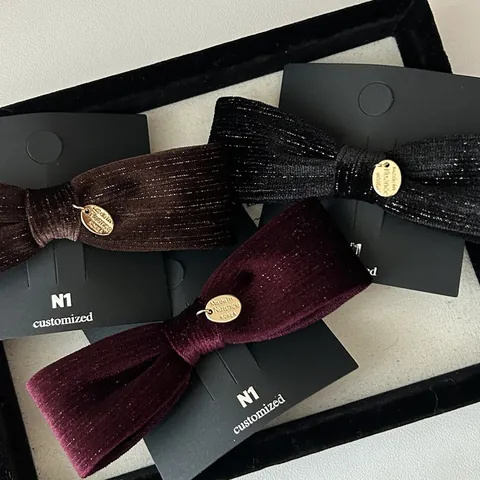 French Vintage Velvet Bow Hair Clip For Women Elegant Metallic Thread Ribbon Hairpin With Gold Metal Tag Spring Clip Daily Hair Accessories