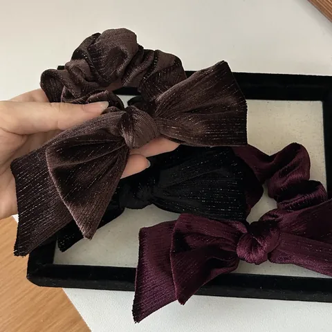 Chouchou Nœud en Velours Vintage Français Grand Élastique à Cheveux en Tissu Pailleté Élégant pour Femme Accessoires Retro