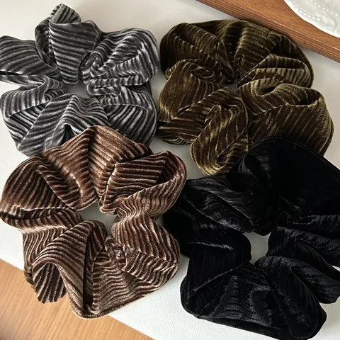 Korean Vintage Large Velvet Scrunchies For Women Ribbed Solid Color High Elastic Hair Ties Retro Oversized Hair Bands Accessories