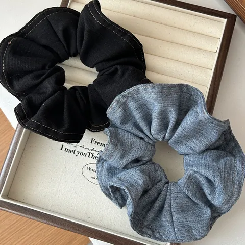 Korean Style Denim Texture Fabric Scrunchie With Contrast Stitching Simple Solid Color Elastic Hair Tie For Women Girls