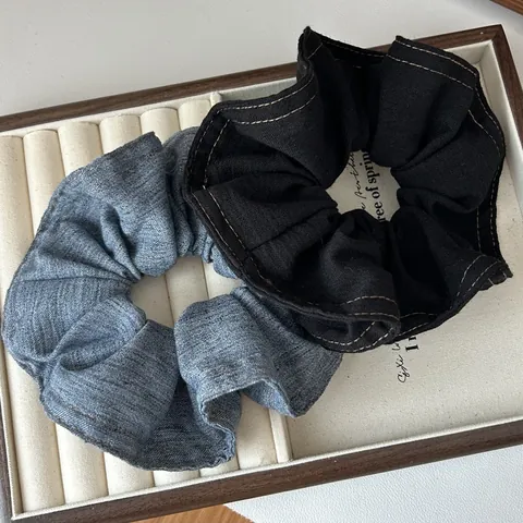 Korean Style Denim Texture Fabric Scrunchie With Contrast Stitching Simple Solid Color Elastic Hair Tie For Women Girls