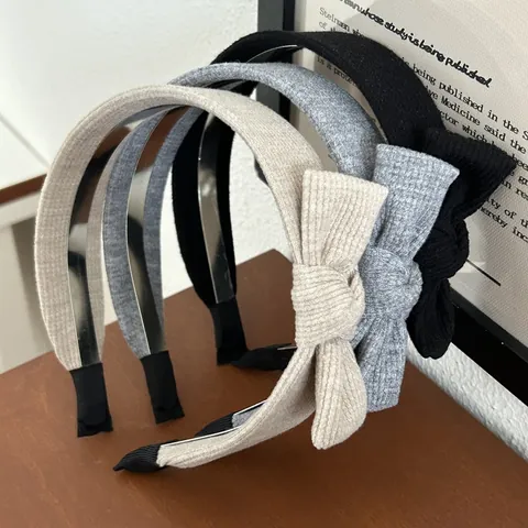 Vintage Korean Knitted Bow Headband For Women Solid Ribbed Fabric Knot Hair Band Elegant Daily Hair Accessories