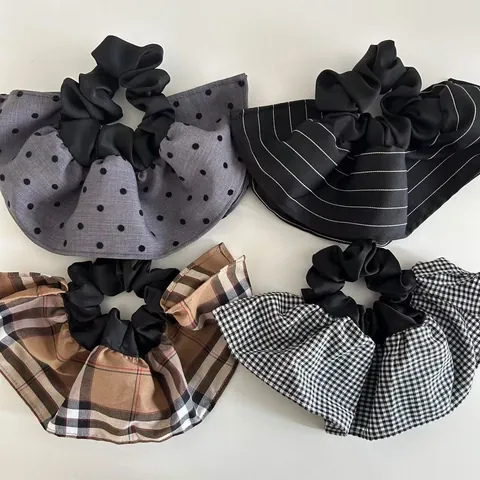 Women Large Pleated Scrunchie Korean Style Striped Checkered Houndstooth Bow knot Hair Tie Elegant Ponytail Holder Fashion Hair Accessories