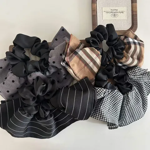 Women Large Pleated Scrunchie Korean Style Striped Checkered Houndstooth Bow knot Hair Tie Elegant Ponytail Holder Fashion Hair Accessories