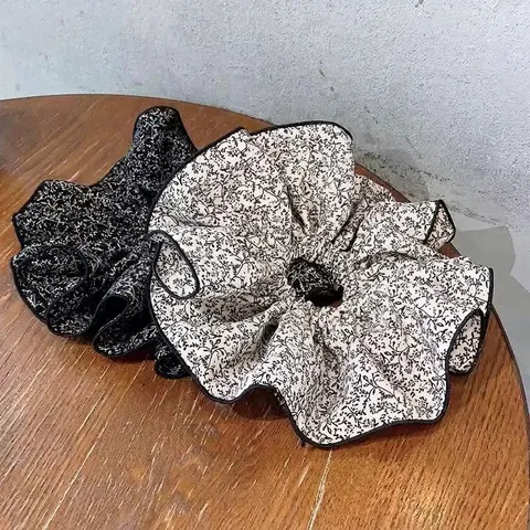 Coleteros de Chifón con Flores Oversize de Doble Capa Elástico para el Cabello con Borde Negro Estilo Coreano de Tela Soporte para Cola de Caballo Mujer