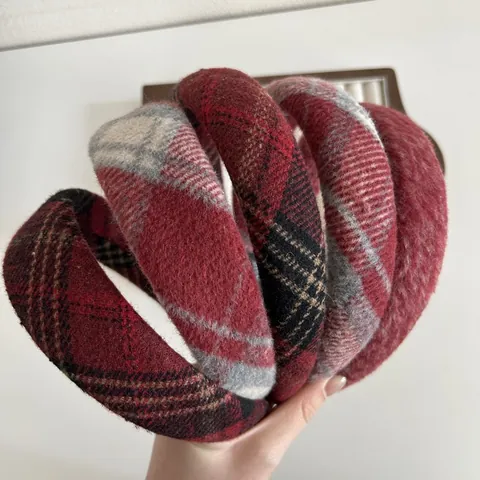 Cerchietto Largo Vintage in Lana a Quadri Rosso Plaid Scozzese Hair Hoop Stile Collegio Accessori per Capelli da Donna