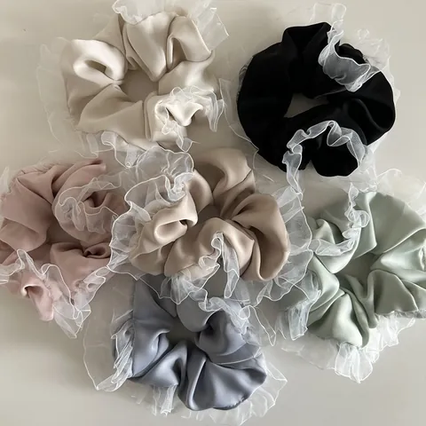 French Retro Satin Scrunchie With White Lace Ruffle Edge Elastic Hair Tie Hair Band For Women Elegant Headwear Accessories