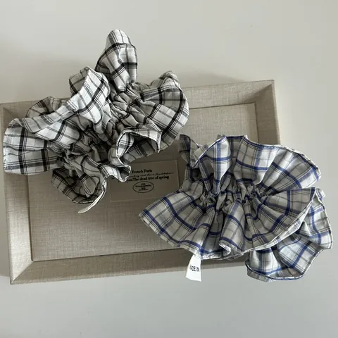 Koreanischer Stil Kariert Rüschen Haargummi Mit Silbernem Metallfaden Elegantes Karomuster Puffy Haarschmuck Für Damen
