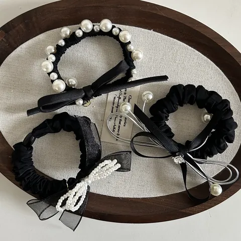 Coletero de Pelo Hecho a Mano Elegante de Satén Negro con Lazo y Perlas de Imitación Estilo Coreano Accesorio Pelo Mujer