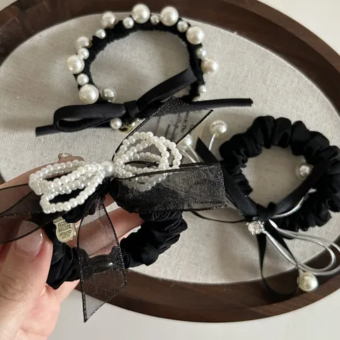 Coletero de Pelo Hecho a Mano Elegante de Satén Negro con Lazo y Perlas de Imitación Estilo Coreano Accesorio Pelo Mujer