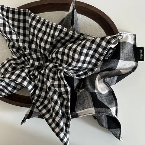 Vintage Black And White Checkered Fabric Scrunchie Large Scarf Hair Tie For Women Minimalist Gingham Ponytail Holder Accessory
