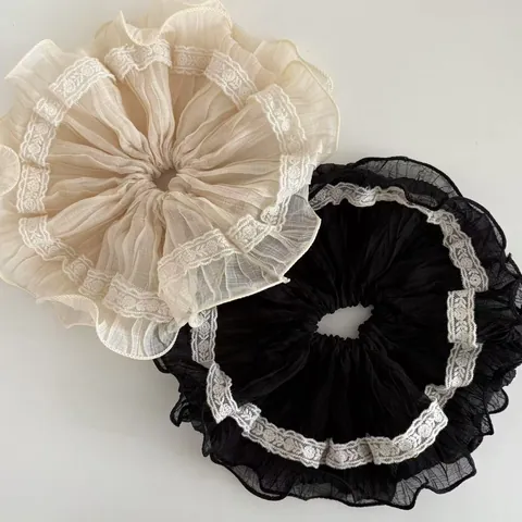Vintage Großer Plissierter Chiffon Scrunchie Mit Weißer Spitzenkante Elastisches Haarband Pferdeschwanzhalter Damen Haarschmuck