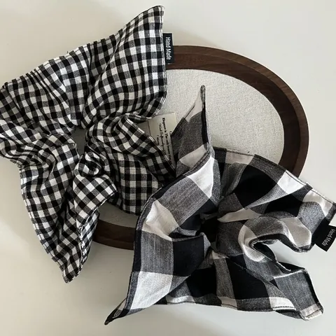 Vintage Black And White Checkered Fabric Scrunchie Large Scarf Hair Tie For Women Minimalist Gingham Ponytail Holder Accessory