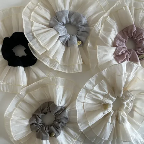 Oversized Double Layer Ruffle Scrunchie Balletcore Large Fabric Hair Tie With Gold Metal Label Elegant Hair Accessories For Women