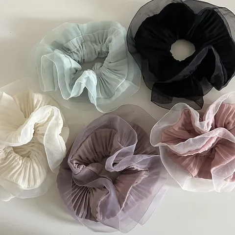 Korean Style Oversized Pleated Organza Scrunchie With Ruffle Edge Sweet Temperament Mesh Fabric Hair Tie For Women Hair Accessories