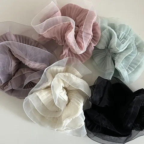 Korean Style Oversized Pleated Organza Scrunchie With Ruffle Edge Sweet Temperament Mesh Fabric Hair Tie For Women Hair Accessories