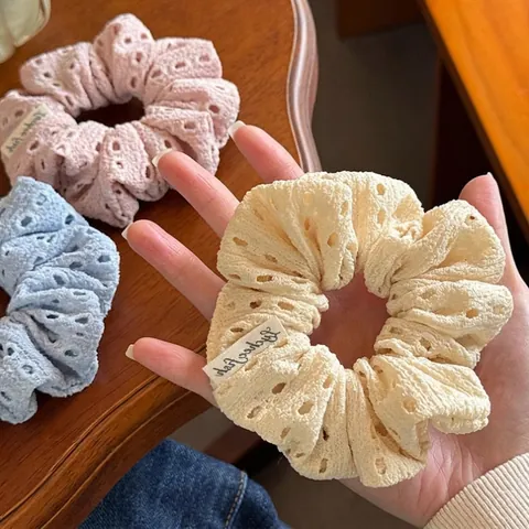 Hollow Out Eyelet Fabric Scrunchie Large Hair Tie For Women Girls Sweet Pastel Color Ponytail Holder Soft Cloth Hair Accessory
