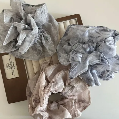 French Vintage Organza Floral Scrunchies Double Layer Bud Hair Ties For Women Elegant Large Hair Accessories Khaki Blue Print